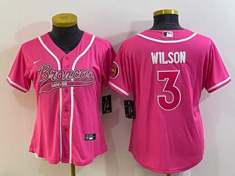 Womens Denver Broncos #3 Russell Wilson Pink With Patch Cool Base Stitched Baseball Jersey